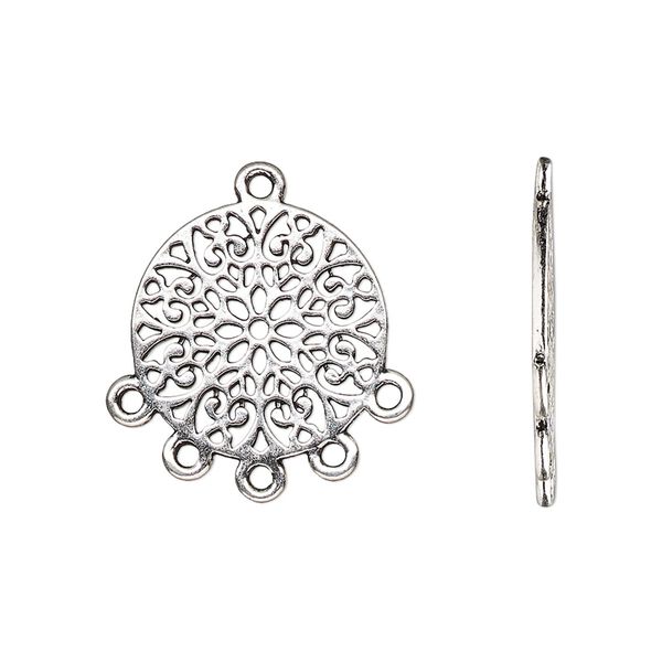 Drop, antique silver-finished "pewter" (zinc-based alloy), 18mm double-sided flat round with cutout mandala and 5 closed loops. Sold per pkg of 20. image number 0