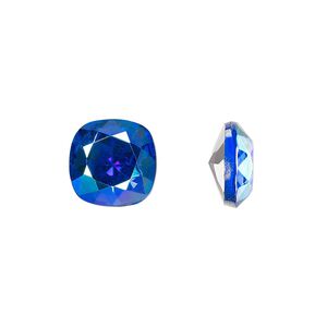 Embellishment, crystal rhinestone with third-party coating, sapphire blue AB, foil back, 12mm faceted square fancy stone (10024). Sold individually.
