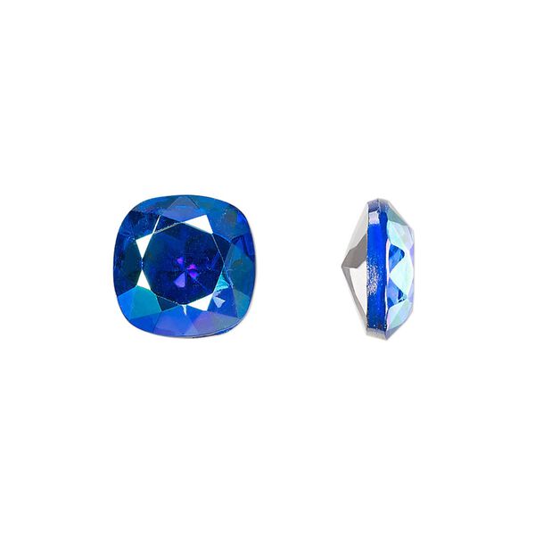 Embellishment, crystal rhinestone with third-party coating, sapphire blue AB, foil back, 12mm faceted square fancy stone (10024). Sold individually. image number 0