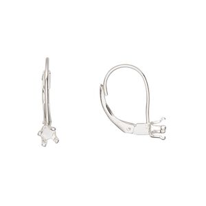 Ear wire leverback 1pkg2 sterling silver, 15mm / 4mm round 4-prong setting, 1 pair