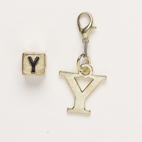 Bead and charm, brass-finished "pewter" (zinc-based alloy) / steel / enamel, black, 7mm cube with alphabet letter "Y" and 15x1mm alphabet letter "Y" with lobster claw clasp. Sold per pkg of 2. image number 0