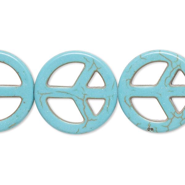Bead, "howlite" (resin) (imitation), aqua blue, 20mm peace sign. Sold per 15-inch strand. image number 0