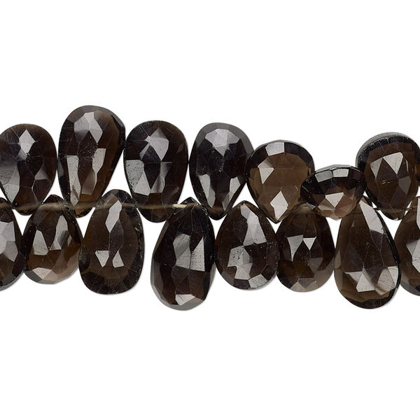 Bead, smoky quartz (heated / irradiated), dark, 9x6mm-12x8mm hand-cut top-drilled faceted puffed teardrop with 0.4-1.4mm hole, B grade, Mohs hardness 7. Sold per 6-inch strand. image number 0