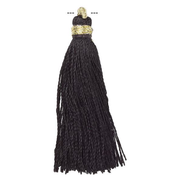 Tassel, silk (imitation) and gold-finished copper, black, 1-3/4 to 2 inches. Sold per pkg of 12. image number 0