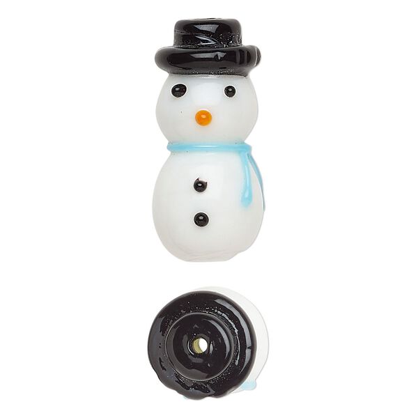 Bead, lampworked glass, opaque white and multicolored, 26x12mm snowman. Sold individually. image number 0
