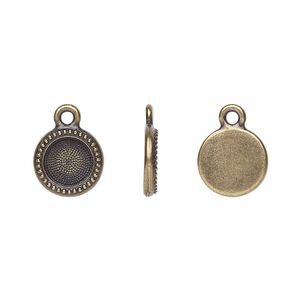 Drop, TierraCast®, Almost Instant Jewelry®, antique brass-plated pewter (tin-based alloy), 10mm round with beaded edge and SS34 round glue-in setting (2088). Sold per pkg of 2.