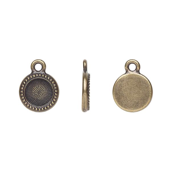 Drop, TierraCast®, Almost Instant Jewelry®, antique brass-plated pewter (tin-based alloy), 10mm round with beaded edge and SS34 round glue-in setting (2088). Sold per pkg of 2. image number 0