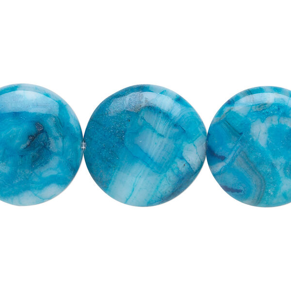 Bead, crazy lace agate (dyed), light to dark blue, 20mm puffed flat round, B grade, Mohs hardness 6-1/2 to 7. Sold per 8-inch strand, approximately 10 beads. image number 0