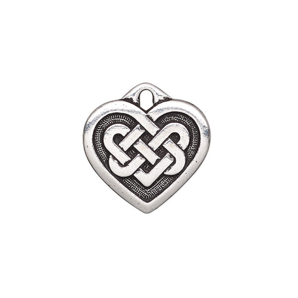 Charm, TierraCast®, antique silver-plated "pewter" (tin-based alloy), 19x17mm double-sided heart with Celtic knot. Sold per pkg of 2. image number 0