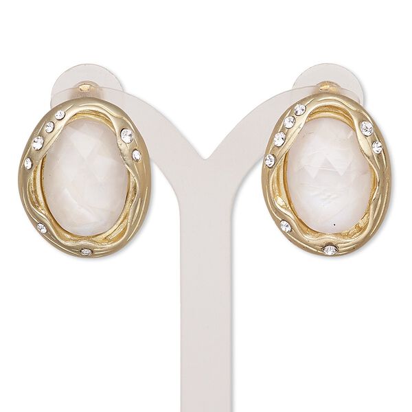 Earring, resin / mother-of-pearl shell (assembled) / glass rhinestone / gold-finished "pewter" (zinc-based alloy), clear, 26mm with oval and post. Sold per pair. image number 0