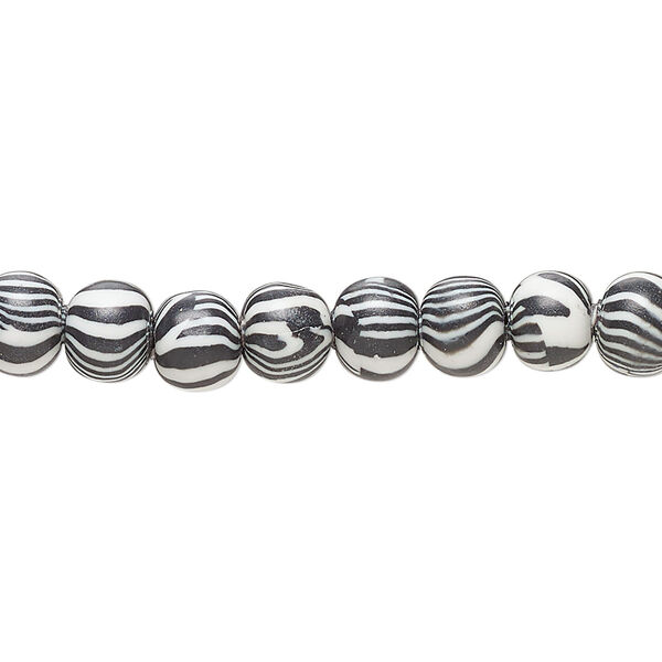 Bead, polymer clay, opaque zebra, 6mm round. Sold per 16-inch strand. image number 0