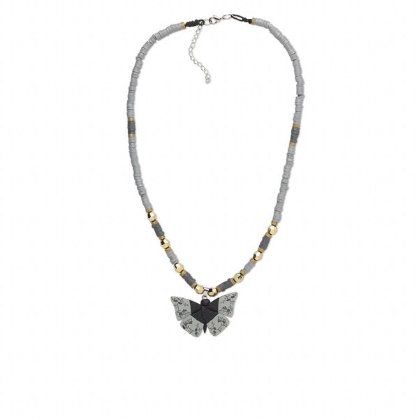 Necklace, polymer clay / glass rhinestone / imitation rhodium-finished brass / steel / gold-coated plastic, multicolored with glitter, 2 x 1-1/4 inch single-sided butterfly, 16 inches with 2-inch extender chain and lobster claw clasp. Sold individually. image number 0