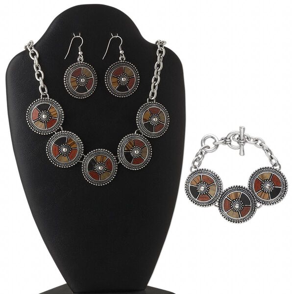 Necklace / earring / bracelet, steel / wood / antiqued "pewter" (zinc-based alloy), round, 19-inch necklace with 3-1/2 inch extender chain, fishhook ear wires, 7-1/2 inch bracelet with toggle clasp. Sold per set. image number 0