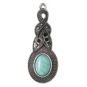 Focal, antique silver-finished "pewter" (zinc-based alloy) and "turquoise" (resin) (imitation), turquoise blue, 48x19.5mm single-sided fancy teardrop. Sold per pkg of 2.