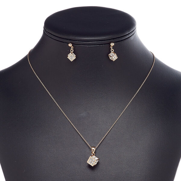 Necklace and earring set, glass rhinestone / rose gold-finished steel / brass / "pewter" (zinc-based alloy), clear, 7.5x7.5mm cube, 18-inch necklace with 2-inch extender chain and lobster claw clasp, 17mm earrings with post. Sold per set. image number 0