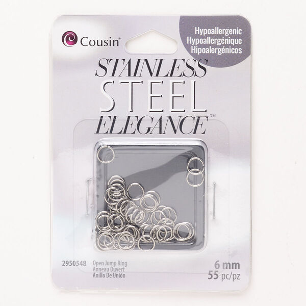 Jump ring, stainless steel, pkg/55, silver finish, 6mm open round, 4.1mm inside diameter, 22 gauge. image number 0