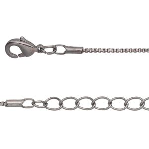 Chain, gunmetal-plated brass, 1mm Venetian box, 7-1/2 inches with 1-1/4 inch extender chain and lobster claw clasp. Sold per pkg of 6.