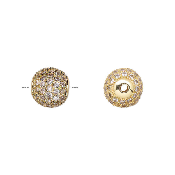 Bead, cubic zirconia and gold-finished brass, clear, 9.5mm textured round. Sold individually. image number 0