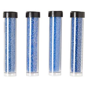 Seed bead assortment, Ming Tree™, glass, pkg/(4) 4 x 3/4 inch vials, #11 round, opaque and transparent rainbow luster blue.