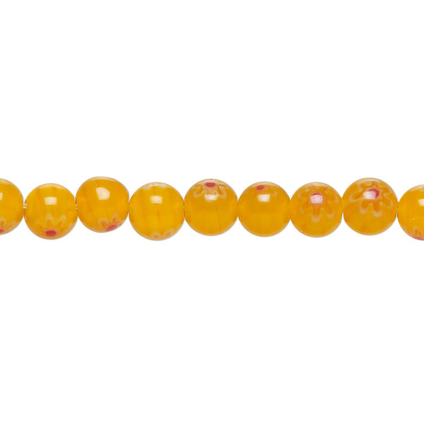 Bead, millefiori glass 1pkg1, translucent orange / white / red, 6mm round, 15 inches. image number 0