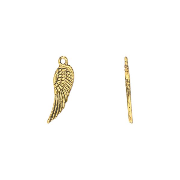 Charm, antique gold-finished "pewter" (zinc-based alloy), 15x5mm double-sided wing. Sold per pkg of 50. image number 0