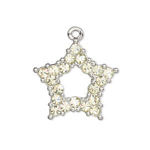 Charm, Czech glass rhinestone and imitation rhodium-plated pewter (tin-based alloy), light green, 25x24mm single-sided open star. Sold individually.