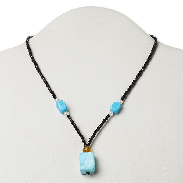 Howlite / glass / "pewter" (zinc-based alloy) 1pkg1, silver-finished / antique gold-finished flat rectangle necklace 17 inch / lobster claw clasp 19x14mm image number 0