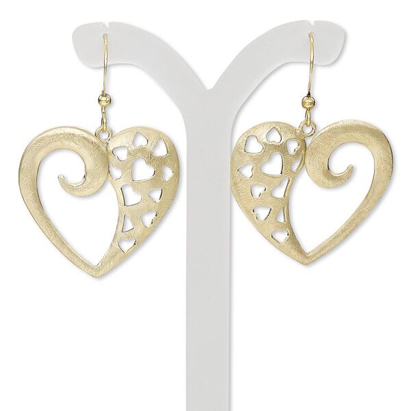 Earring, gold-finished steel and brass, 1-1/2 inches with brushed open heart and heart cutout design with fishhook ear wire. Sold per pair. image number 0