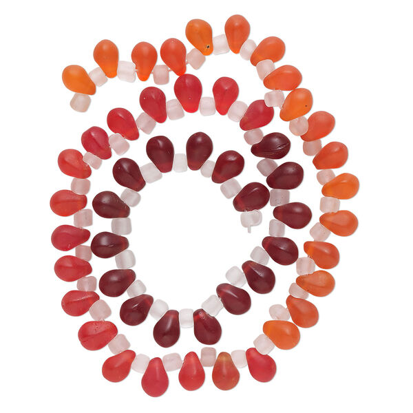 Bead, glass, translucent matte red, dark red and orange, 8x6mm top-drilled teardrop with irregular rondelles. Sold per 14-inch strand. image number 0
