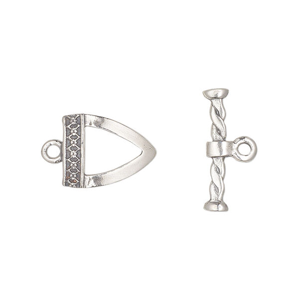 Clasp, toggle, antiqued sterling silver, 14.5x14x10.5mm single-sided curved triangle with design. Sold individually. image number 0