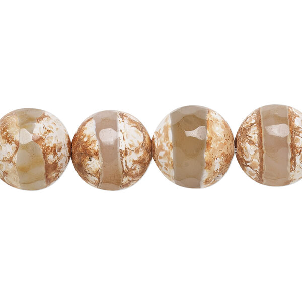 Bead, agate (dyed / heated), brown / white / grey, 12mm faceted round, B- grade, Mohs hardness 6-1/2 to 7. Sold per 8-inch strand, approximately 15 beads. image number 0