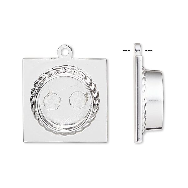Drop, silver-plated "pewter" (zinc-based alloy), 20x20mm square with 12mm non-calibrated round setting. Sold per pkg of 2. image number 0