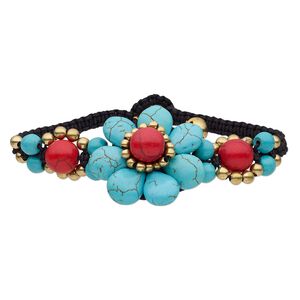 Magnesite / brass / waxed cotton cord 1pkg1, brass-plated bells / bracelet / adjustable 6-7 inch / button clasp / 33mm wide