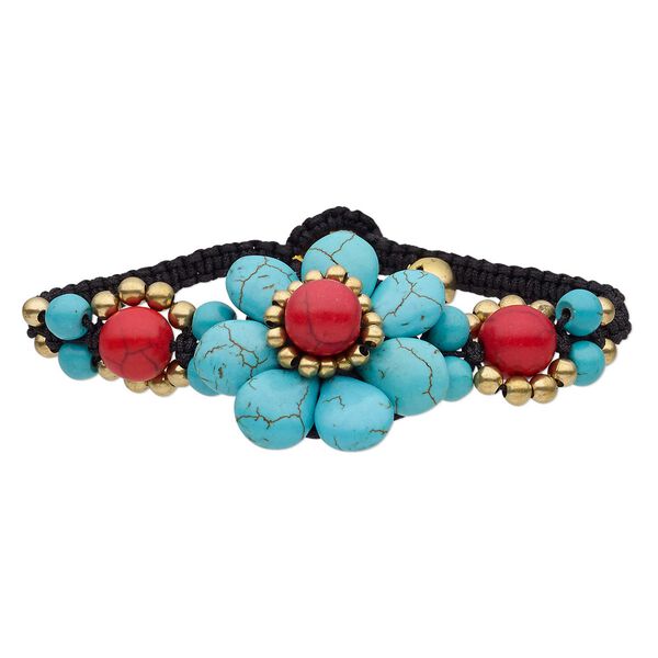 Magnesite / brass / waxed cotton cord 1pkg1, brass-plated bells / bracelet / adjustable 6-7 inch / button clasp / 33mm wide image number 0