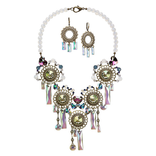 Necklace and earring set, One of a Kind Jewelry, antique gold-finished brass and crystal, multi-pinks, 20-inch necklace. Only one available. image number 0