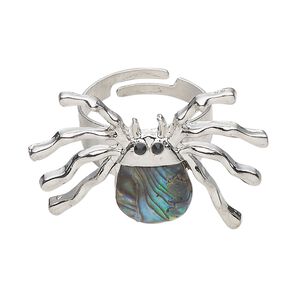 Ring 1pkg1 brass / paua shell / glass rhinestone, 34x24mm spider, natural silver finish / black