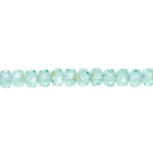Bead, Czech fire-polished glass, light aqua AB, 5x4mm faceted rondelle. Sold per 15-1/2" to 16" strand.