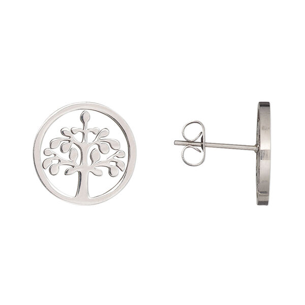 Earstud, stainless steel, 15mm round with tree of life cutout. Sold per pair. image number 0