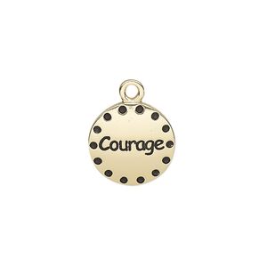 Drop, enamel and gold-finished "pewter" (zinc-based alloy), black, 14.5mm single-sided round with "Courage." Sold individually.