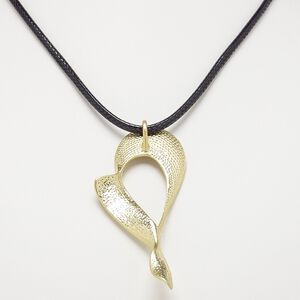 Necklace, imitation leather with gold-finished steel and "pewter" (zinc-based alloy), black, 3-1/4 x 1-1/2 inch scratched open heart, 18 inches with 3-inch extender chain and lobster claw clasp. Sold individually.