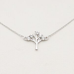 Necklace, Czech glass rhinestone / imitation rhodium-plated steel / brass / "pewter" (zinc-based alloy), clear, 20x18mm tree, 17 inches with 2-inch extender chain and lobster claw clasp. Sold individually.