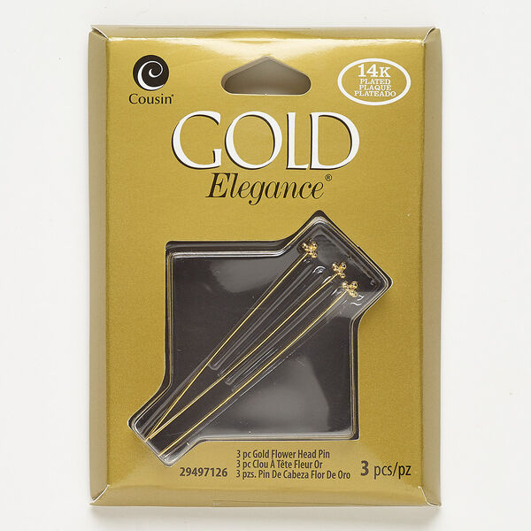 Head pin, lacquer and gold-plated copper, 2 inches with 4mm flower, 23 gauge. Sold per pkg of 3. image number 0