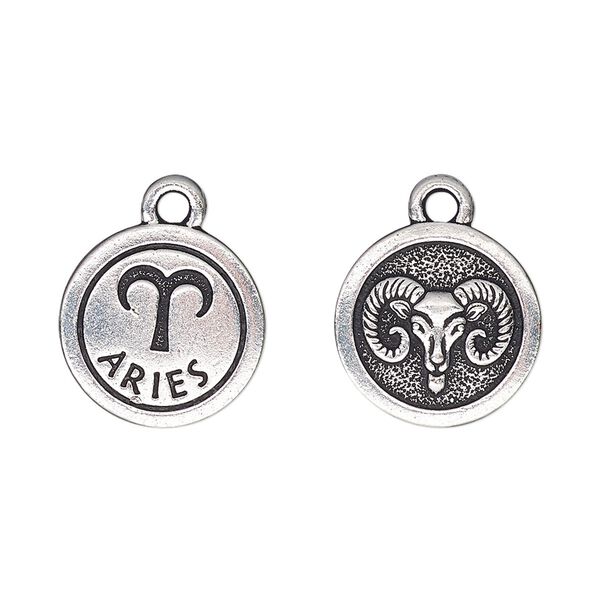 Charm, TierraCast®, antique silver-plated pewter (tin-based alloy), 15mm two-sided flat round with Aries zodiac sign and symbol. Sold per pkg of 20. image number 0