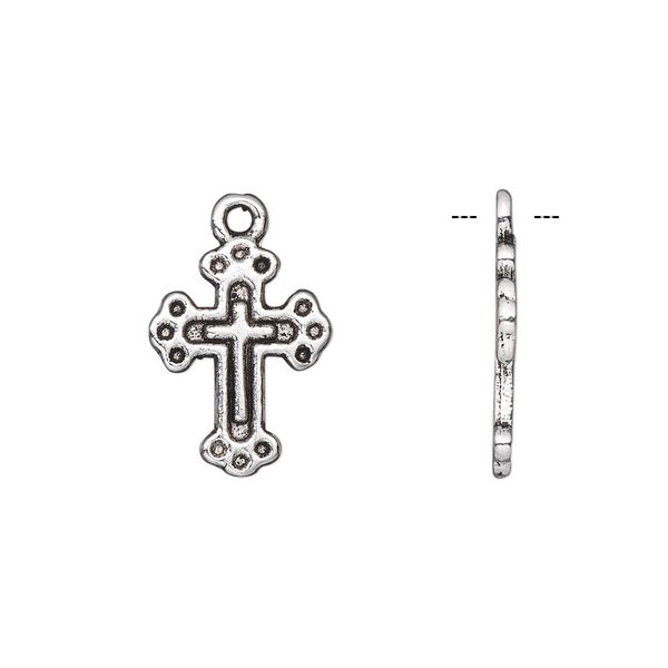 Drop, antique silver-plated "pewter" (zinc-based alloy), 16x12mm single-sided cross. Sold per pkg of 10. image number 0