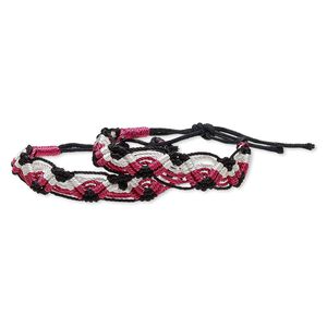 Bracelet, macramé, nylon, black / white / pink, 15mm wide, 7-8 inches with tie closure. Sold per pkg of 2.