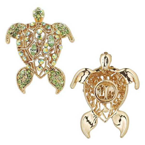 Spot pin, Czech glass rhinestone / gold-finished brass / "pewter" (zinc-based alloy), green AB and green, 41x32mm turtle. Sold individually. image number 0
