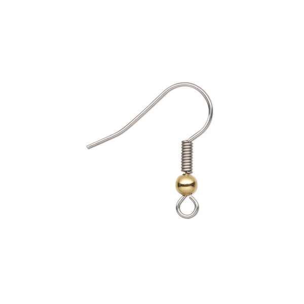 Ear wire, stainless steel and gold-plated brass, 20mm fishhook with 3mm ball and 4.5x2mm coil with open loop, 21 gauge. Sold per pkg of 10 pairs. image number 0