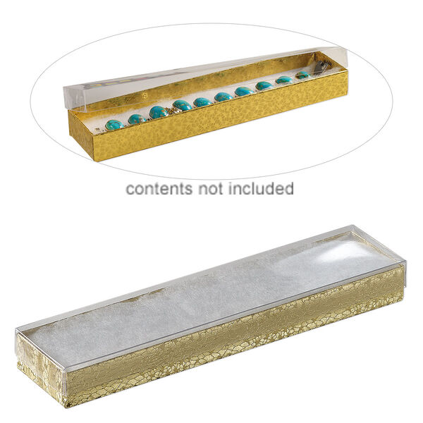 Box, plastic and paper, "cotton"-filled, gold and clear, 8-1/8 x 1-7/8 x 7/8 inch rectangle. Sold per pkg of 10. image number 0