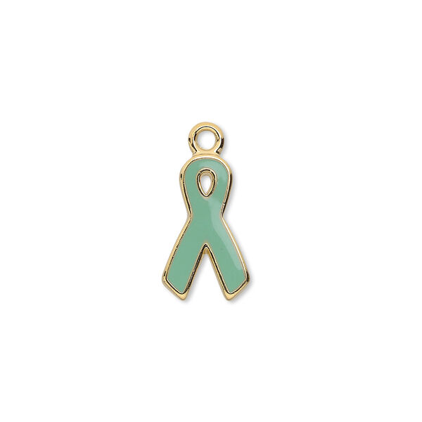 Charm, epoxy and gold-plated aluminum, teal, 15x9mm single-sided awareness ribbon. Sold per pkg of 6. image number 0