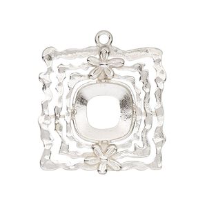 Drop, JBB Findings, sterling silver, 28x27mm single-sided uneven square with flower and 12mm 4-prong cushion setting. Sold individually.